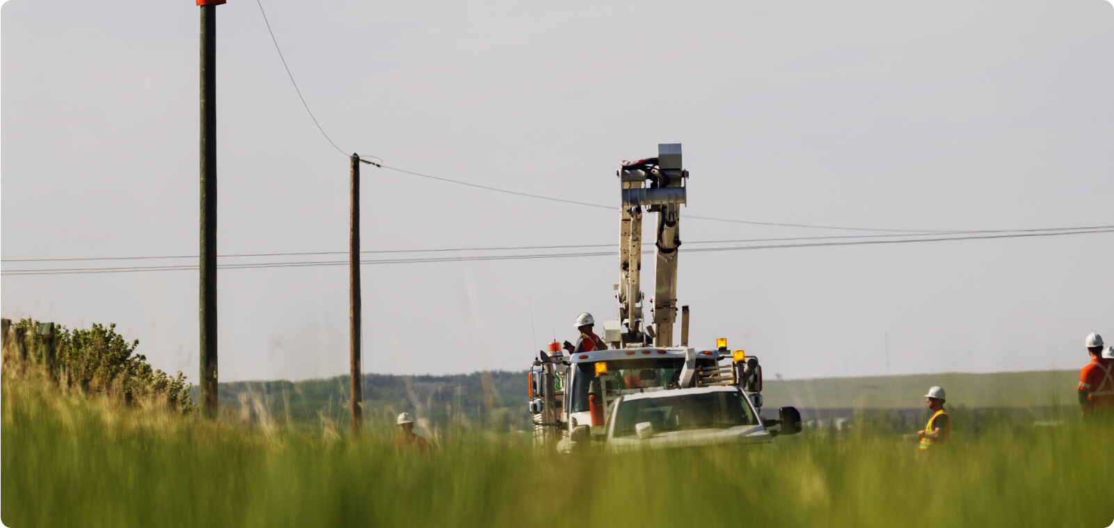 Several employees, a bucket truck, and power lines