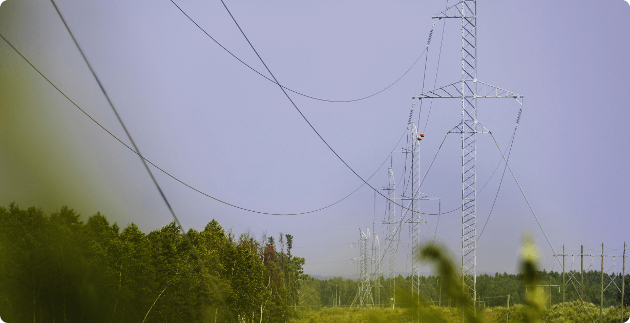 Transmission towers and power lines with trees to the left