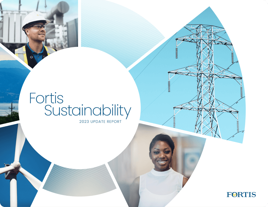 White and blue sustainability report cover with people and assets