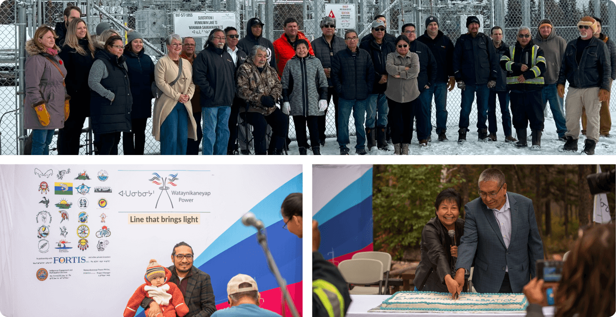 Three images that include various group photos celebrating the Wataynikaneyap Power project